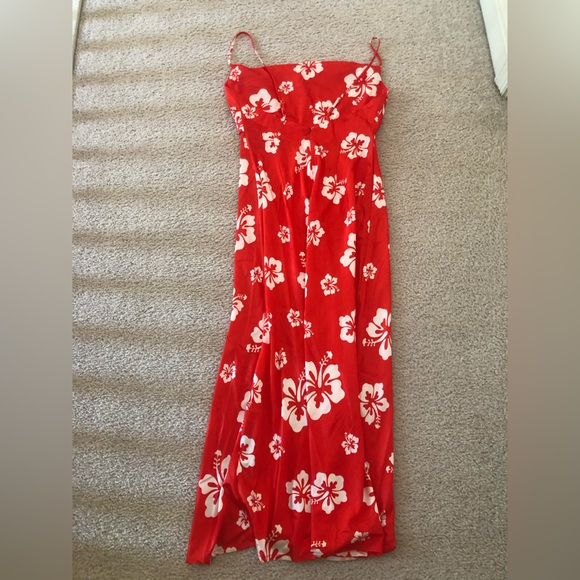 Runaway the label Red White Hawaiian maxi dress spaghetti trap with slit M - Picture 10 of 12
